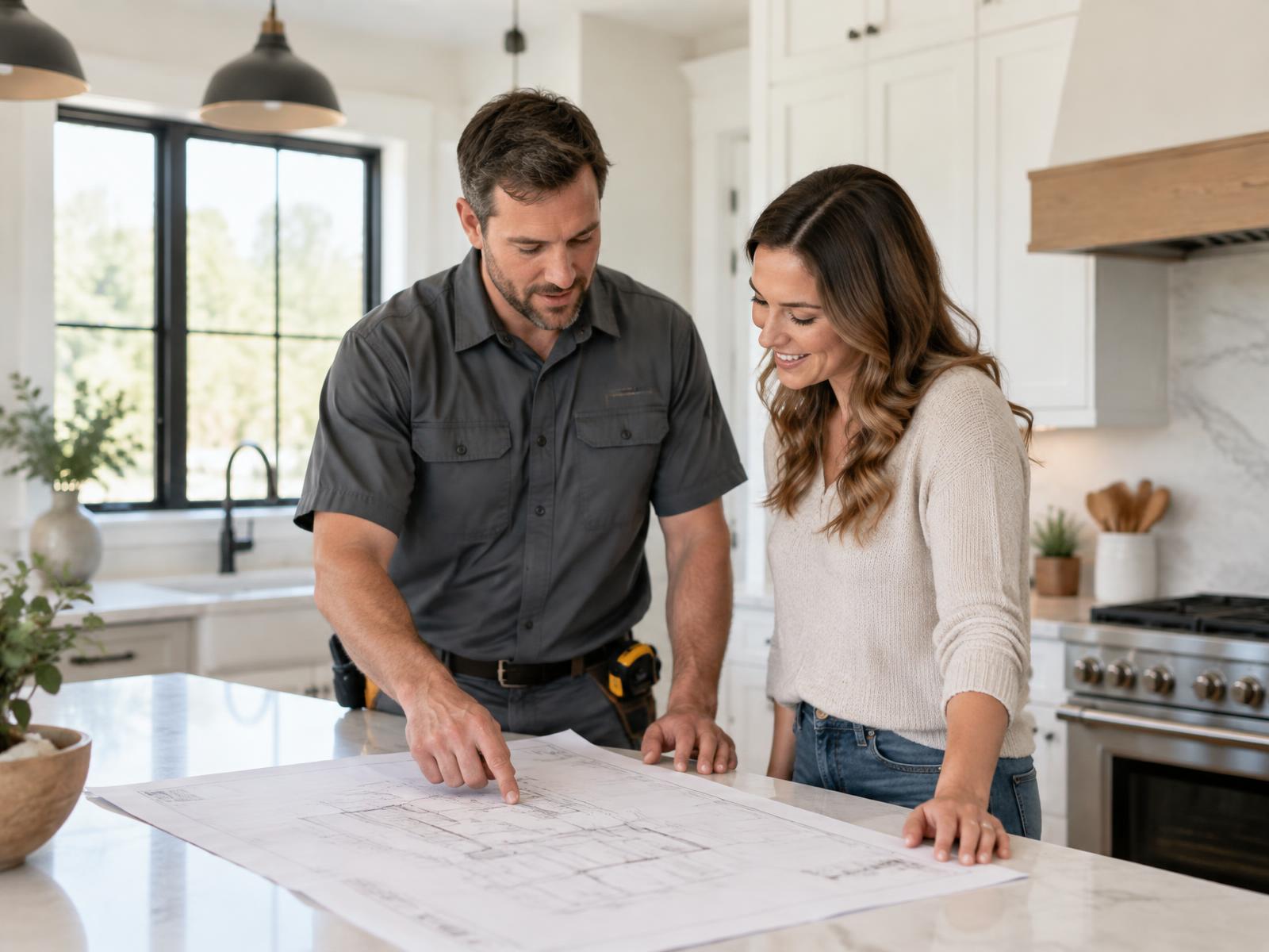 A contractor and a homeowner reviewing renovation plans in a bright kitchen